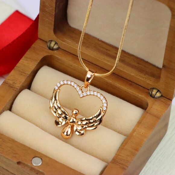 "Rose Gold Heart Pendant with Angel Wings and Crystal Accents, XPPT1251 - Picture 12 of 12